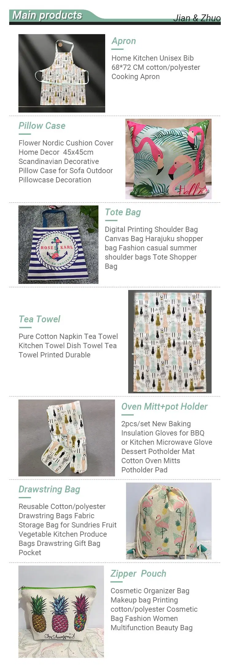 Custom Digital Printed Fruit Cotton or Polyester Household Textile Kitchen Textile Accessories Set